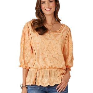 Democracy orange mineral wash elbow bonnet sleeve crochet neckline peplum top